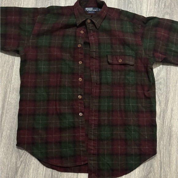Vintage Polo Ralph Lauren Mens Button Up Plaid Leather Elbow Patches 100% Wool - Picture 2 of 6